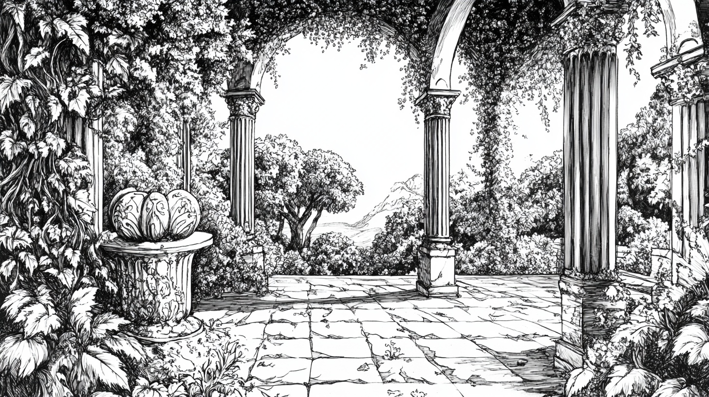 古典庭院黑白线稿景观