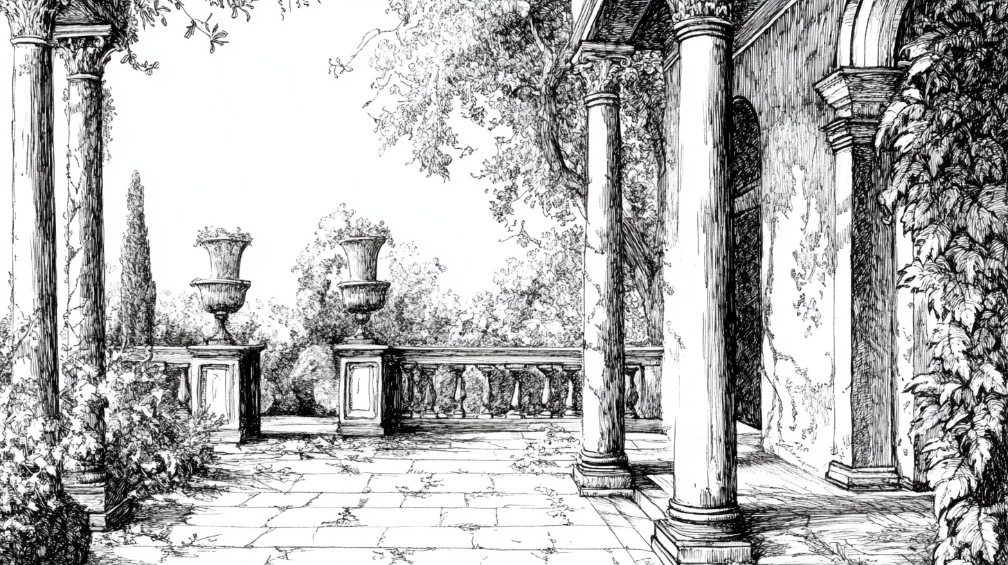 古典庭院黑白线稿景观