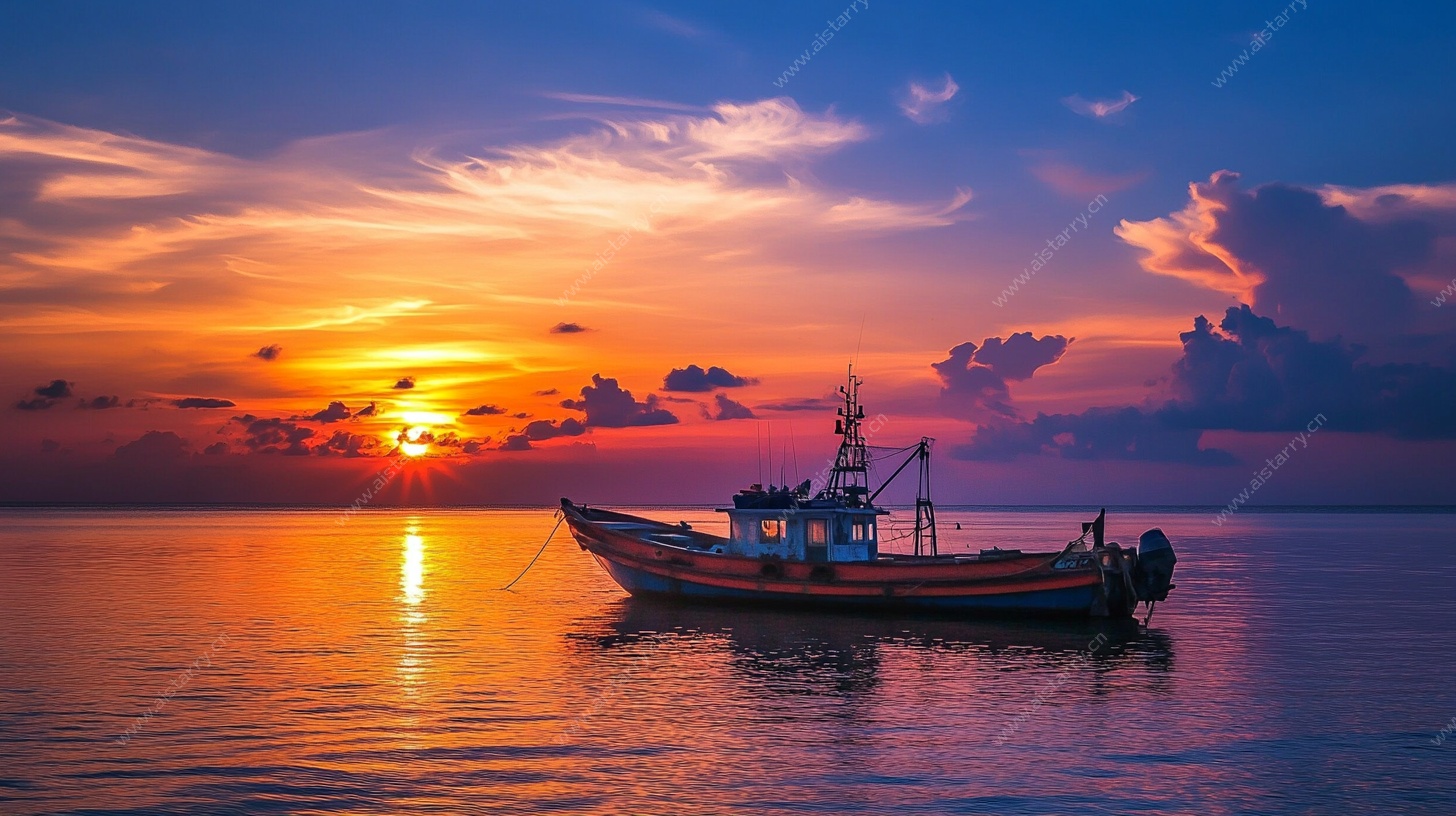 海上渔船日落美景