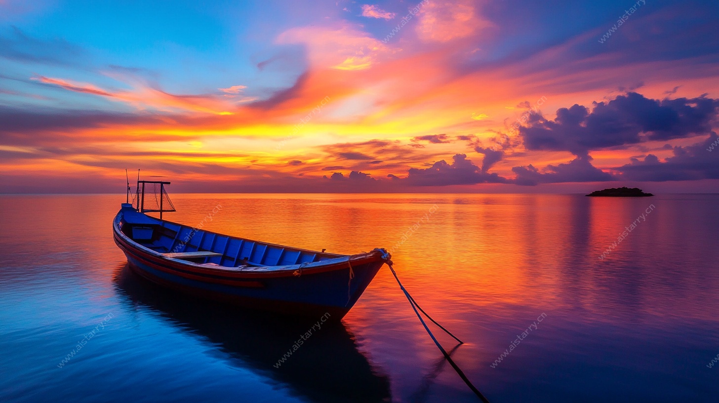 海上孤舟伴绚丽晚霞