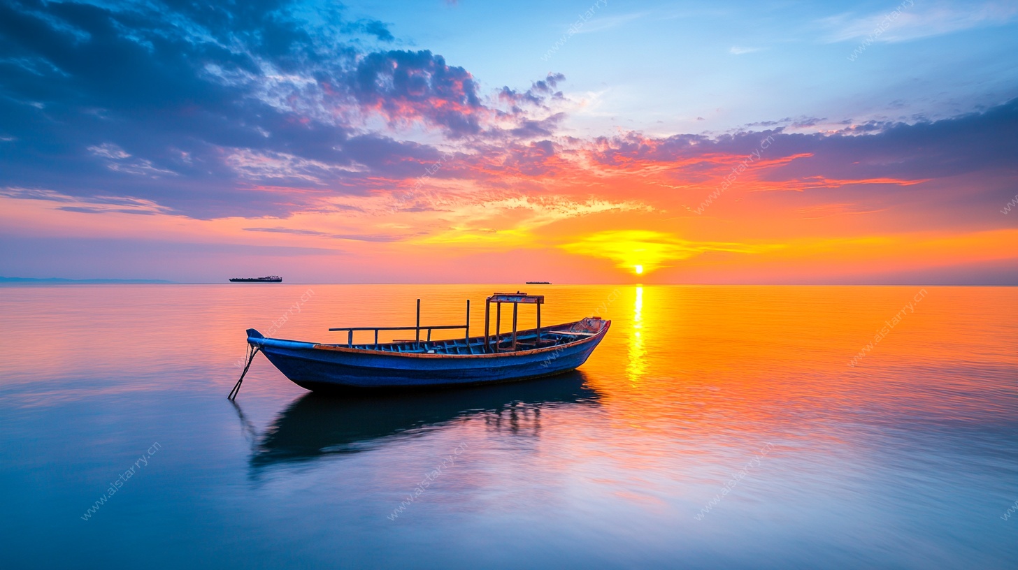 海上孤舟夕阳美景