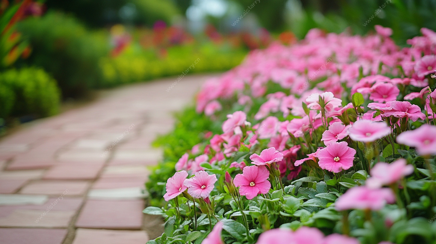 小径旁的粉色烂漫花卉
