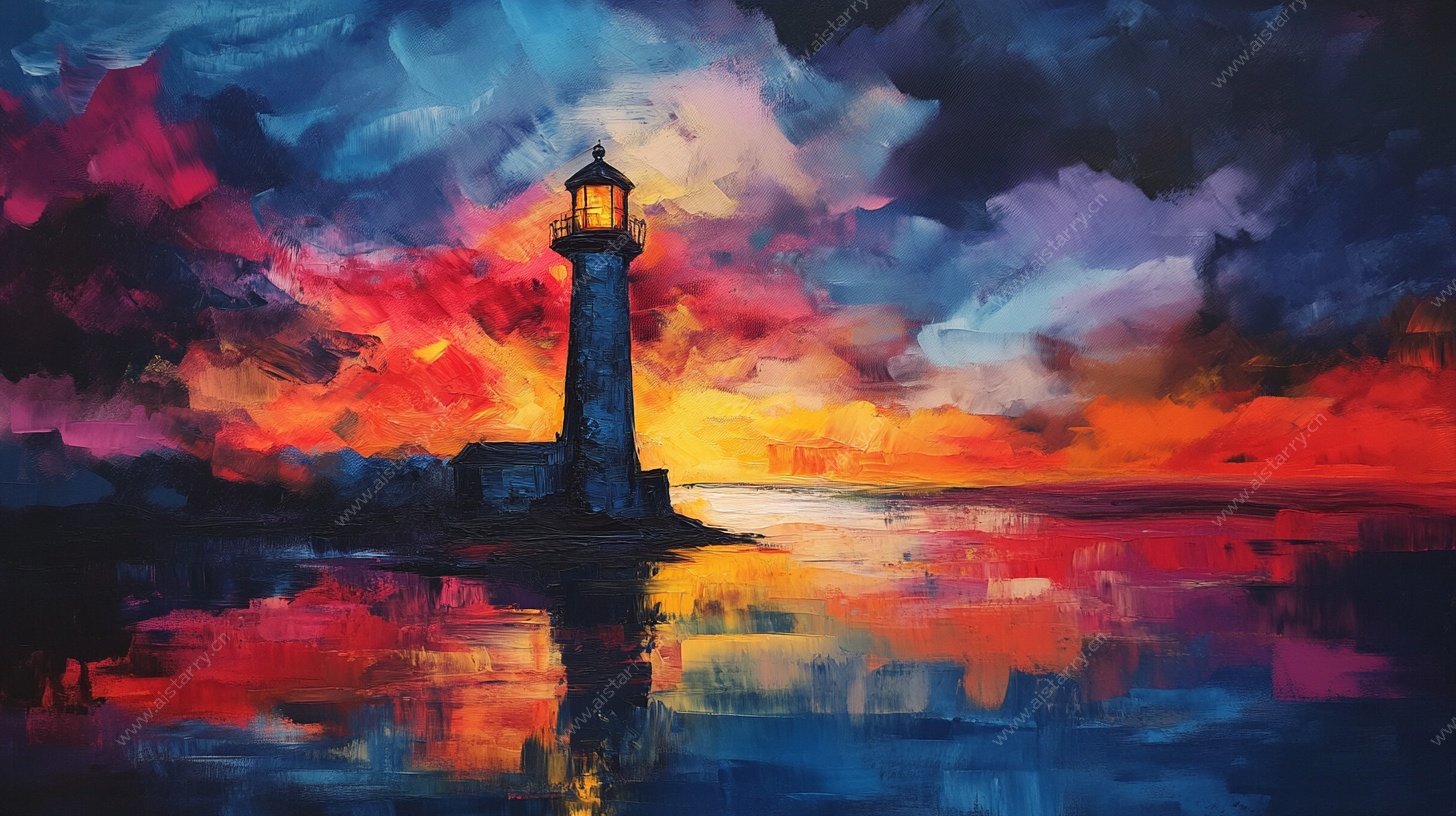 梦幻晚霞中的灯塔