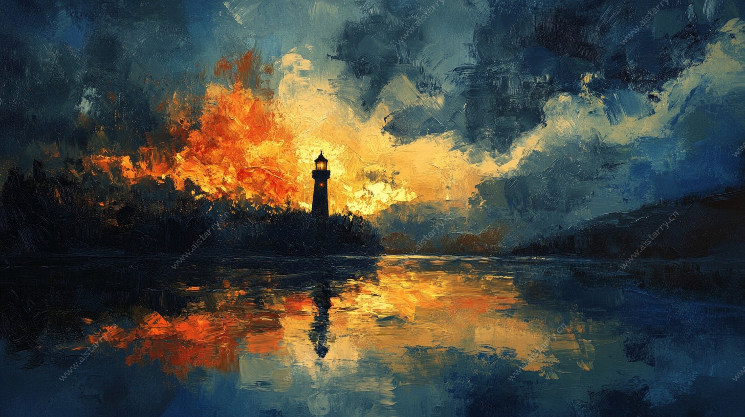 黄昏灯塔海景油画