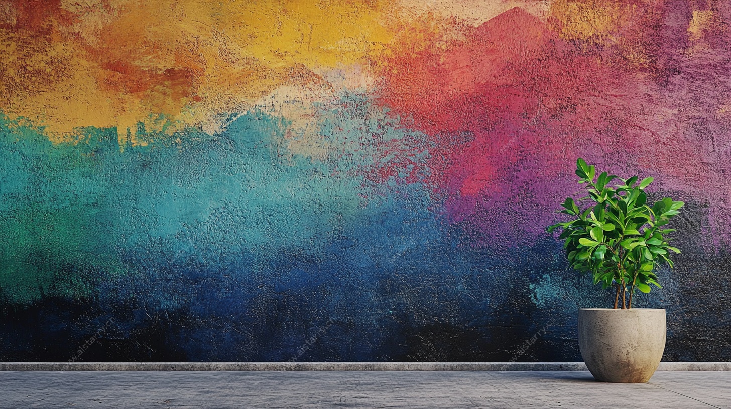 多彩墙面旁的绿植摆件