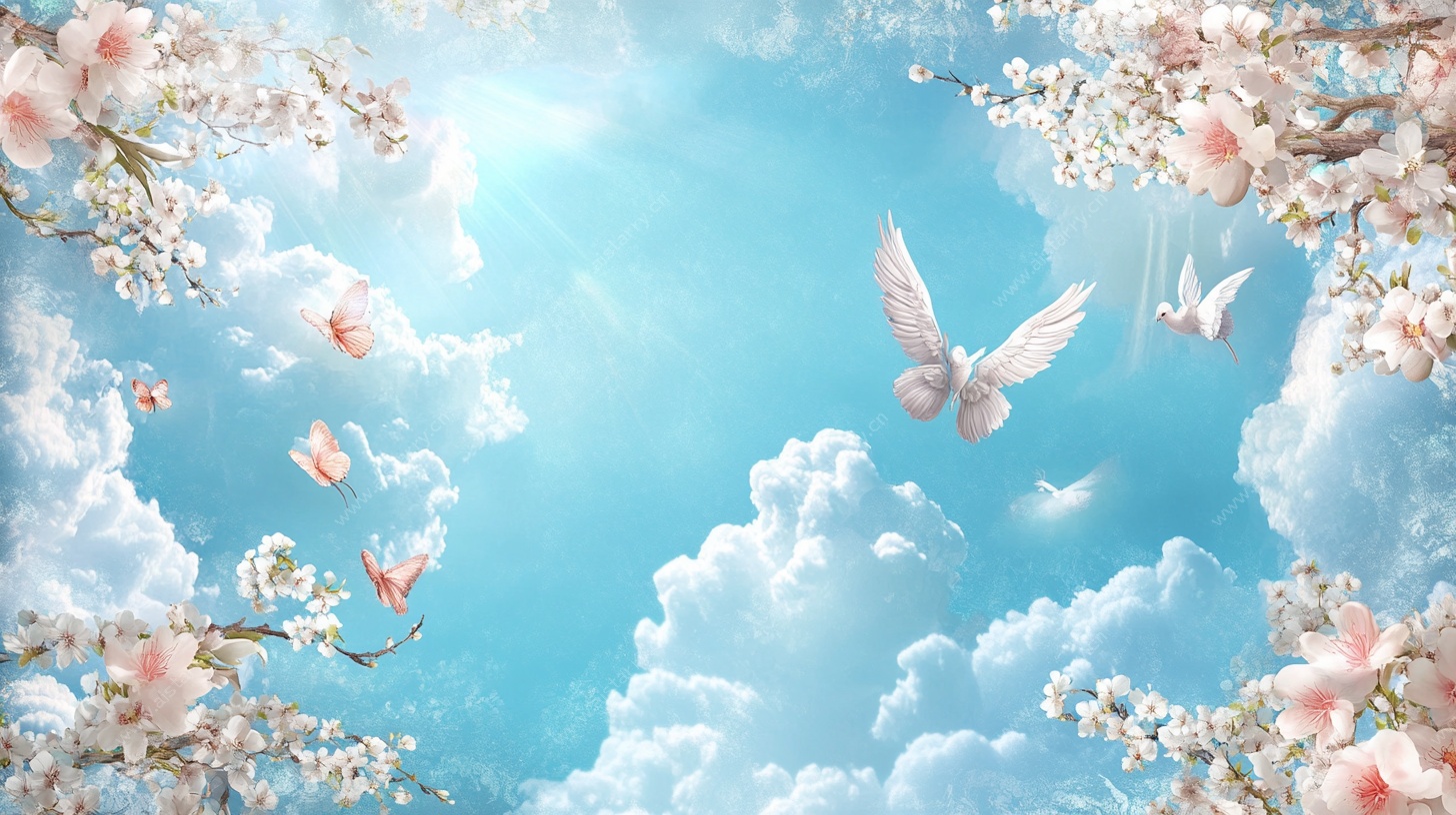 春日蓝天白鸽繁花图景