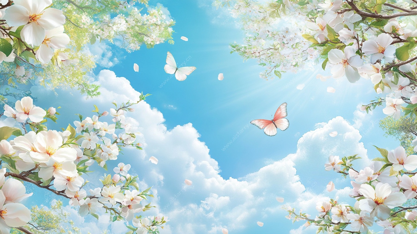 春日繁花蝴蝶蓝天美景