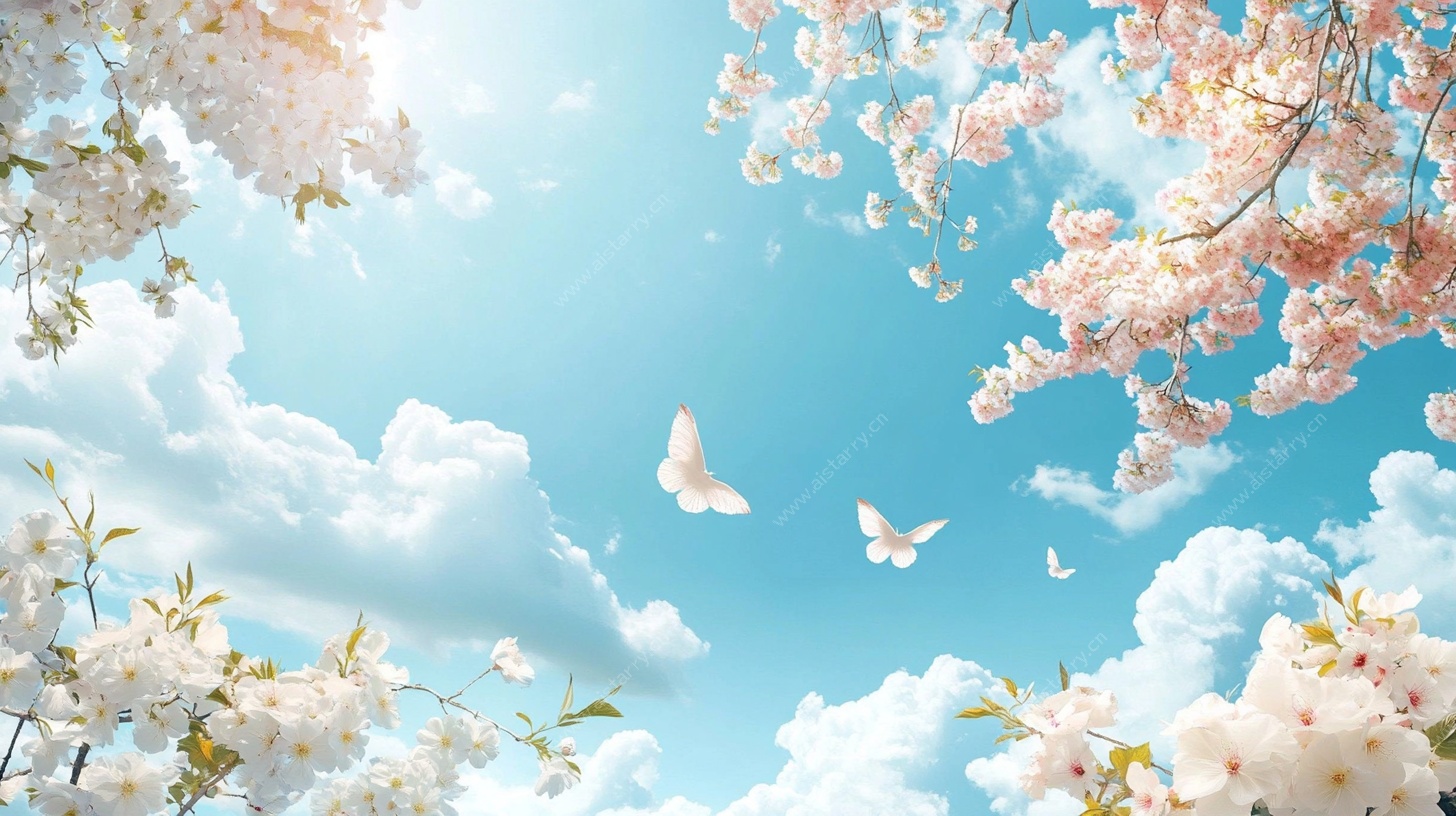 春日樱花蓝天蝴蝶美景