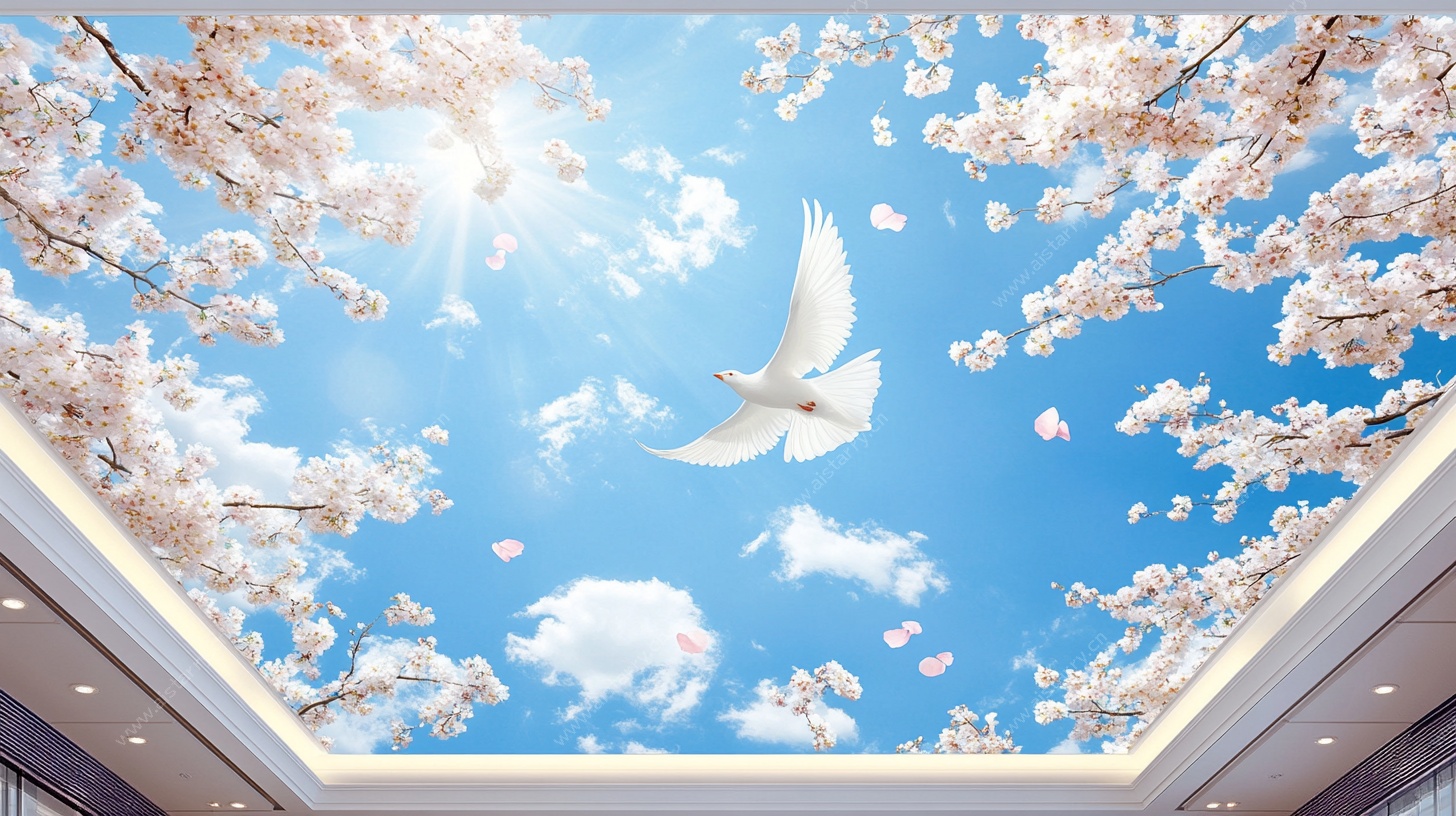 樱花天空白鸽天花板壁画
