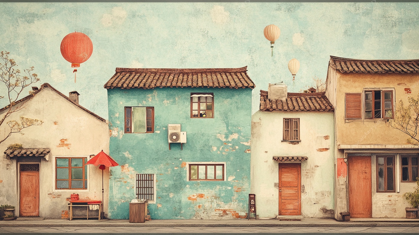 复古风格街景与彩色气球