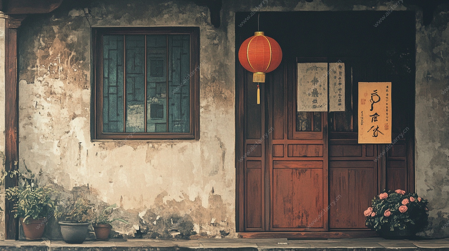 古旧民居门前红灯笼点缀