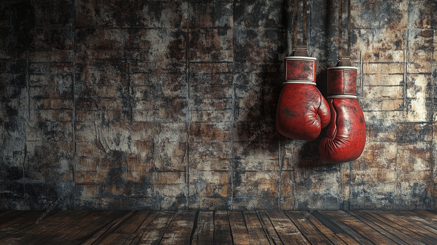 挂在旧墙的红色拳击手套
