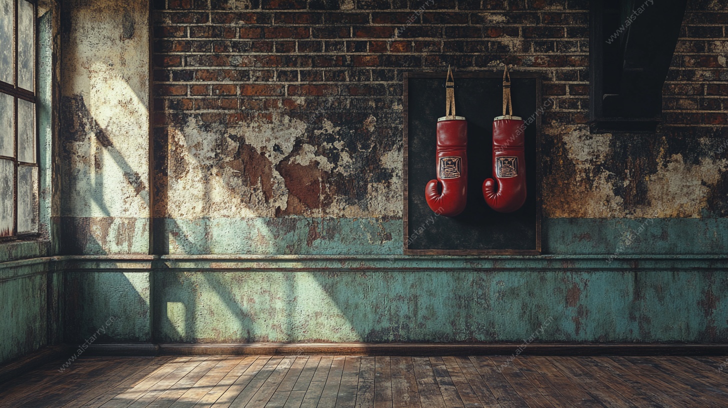 破旧室内挂着的红色拳套