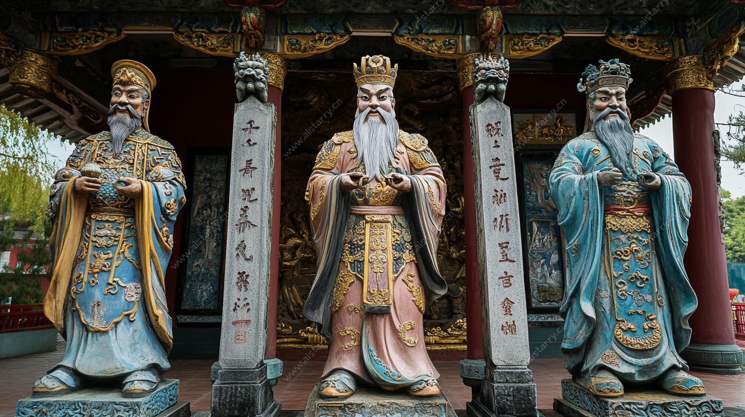 三尊道教神像立于庙宇前