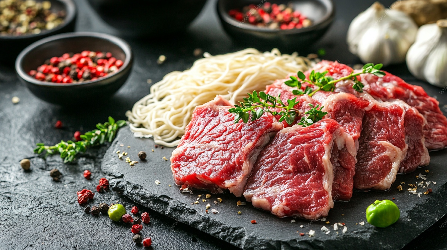 鲜切牛肉与多样烹饪配料
