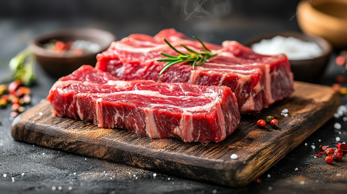 新鲜生牛排置于木砧板上