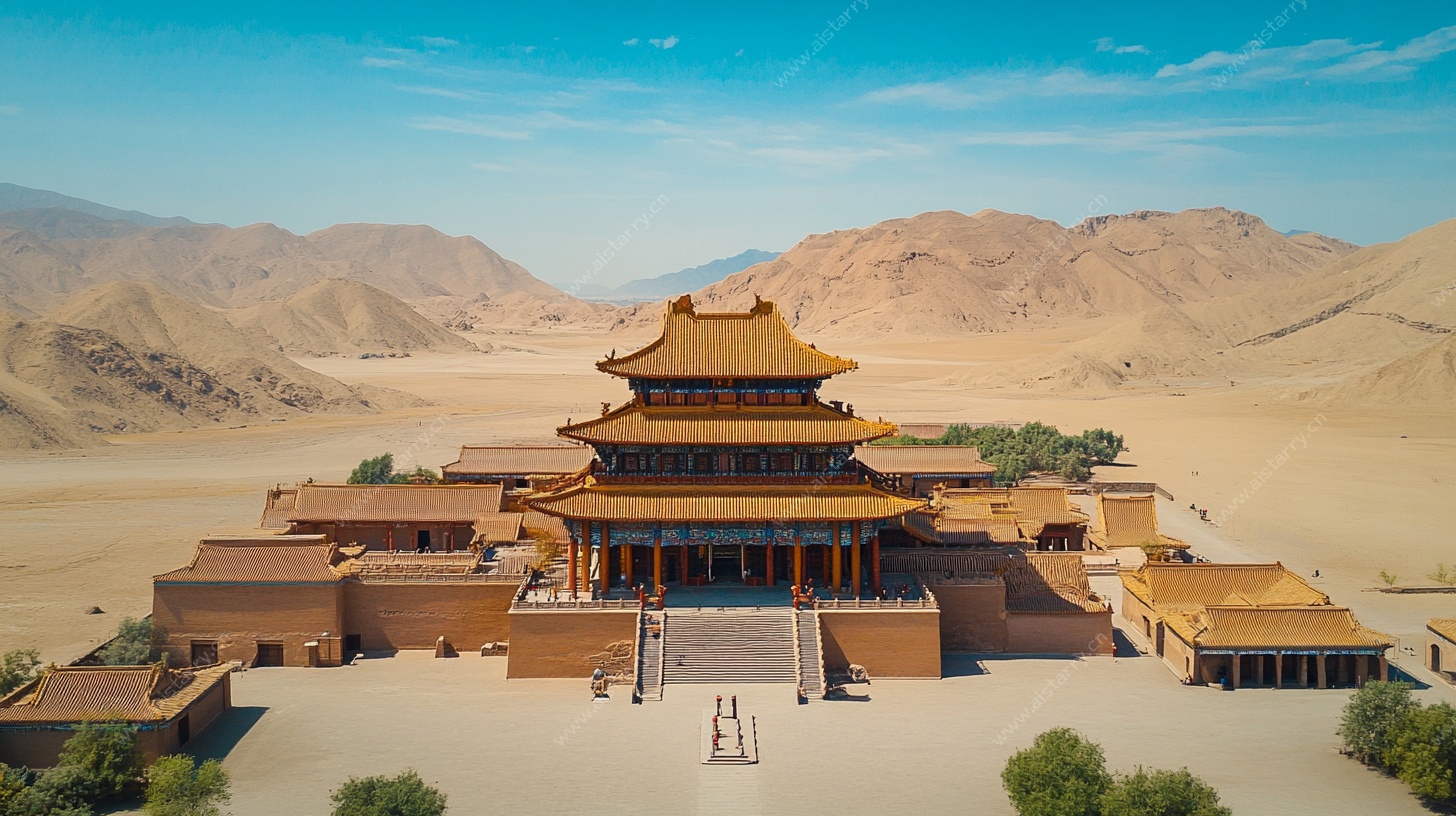 沙漠中的宏伟中式古建筑