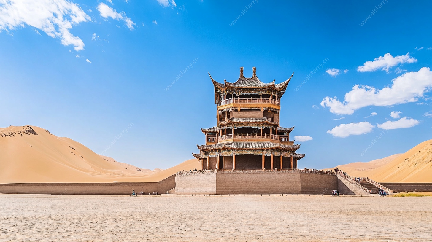 沙漠中的中式古建筑景观