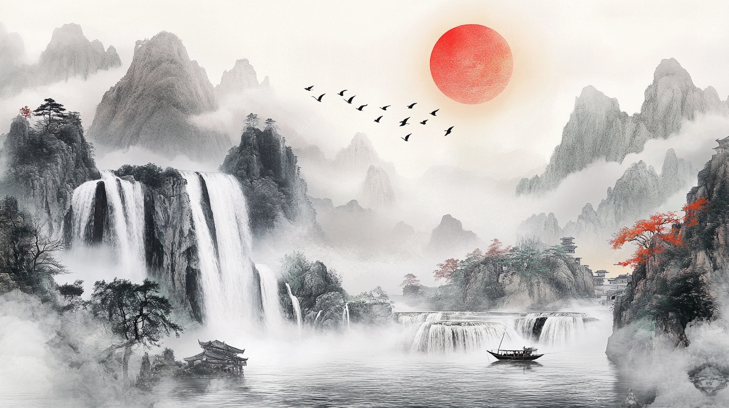 水墨山水旭日图
