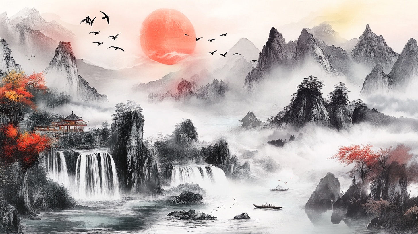 水墨山水旭日飞鸟图