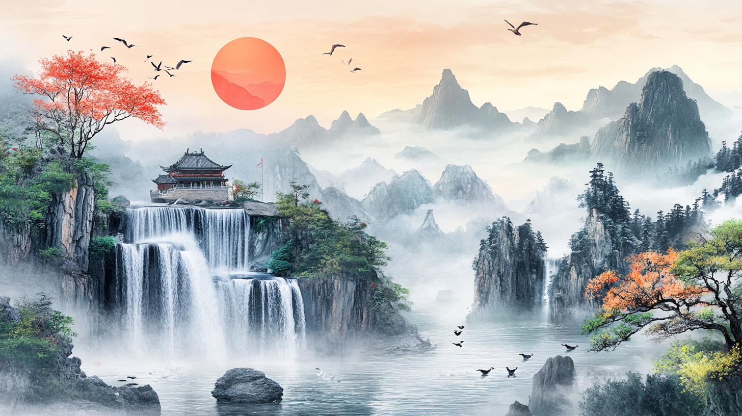 中式山水落日美景图