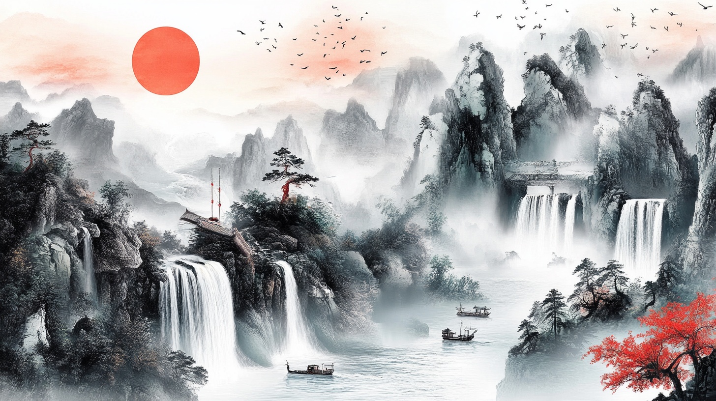 水墨山水日出图