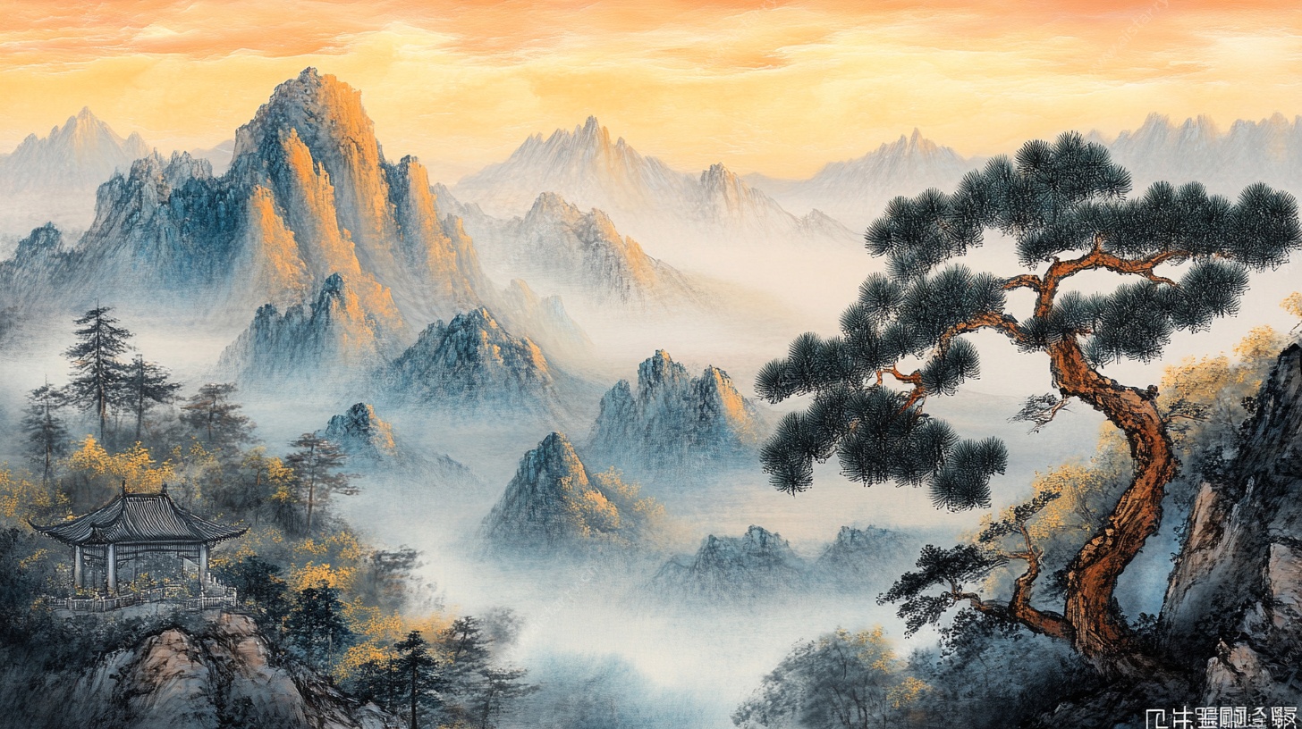 水墨山水间的孤松美景