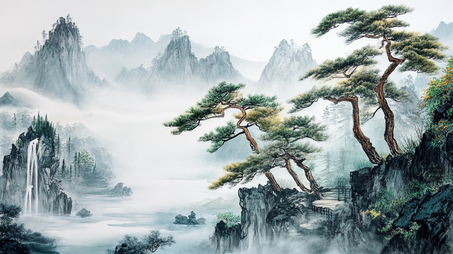 水墨黄山迎客松山水图