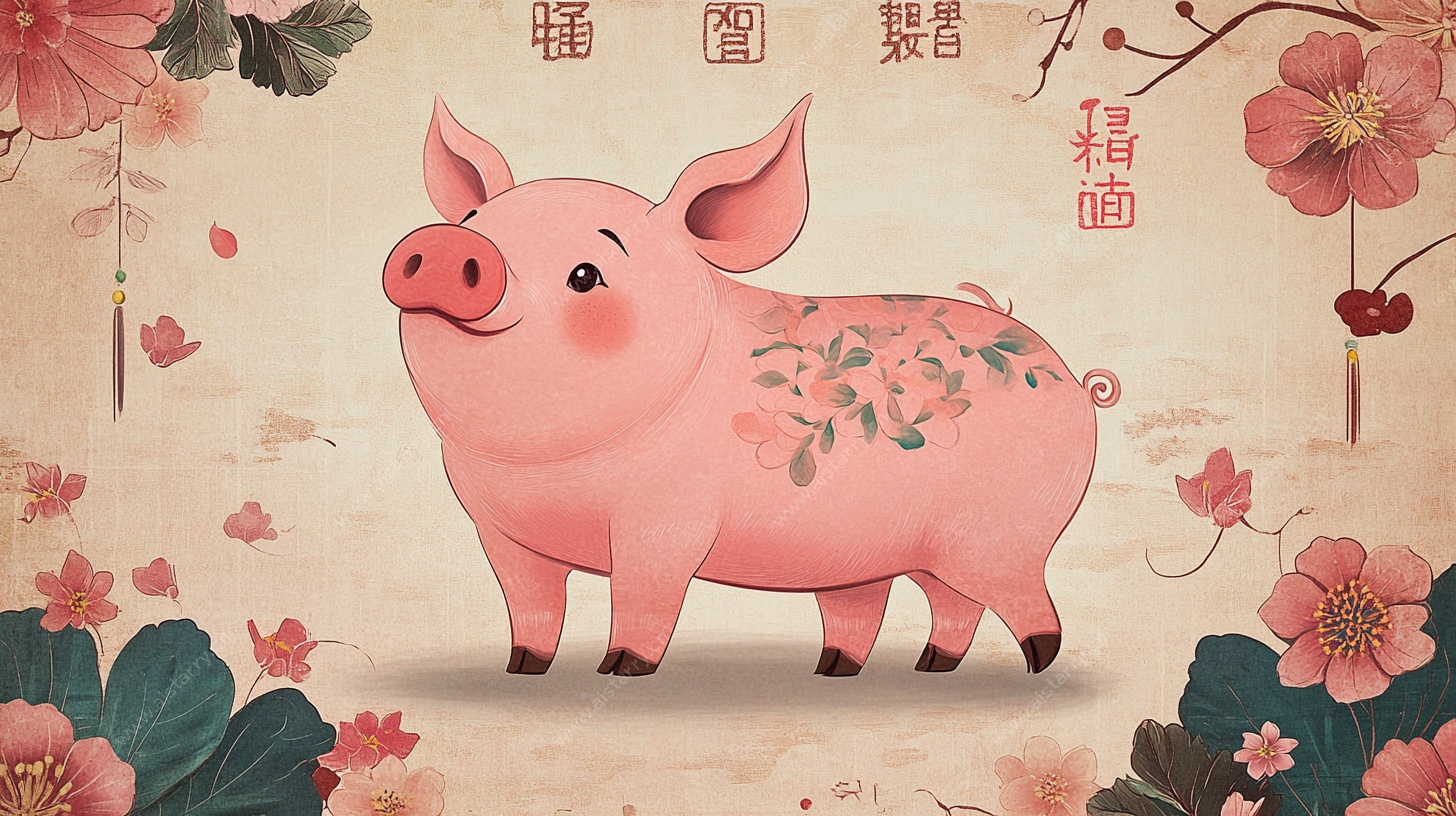 国风萌趣小猪插画