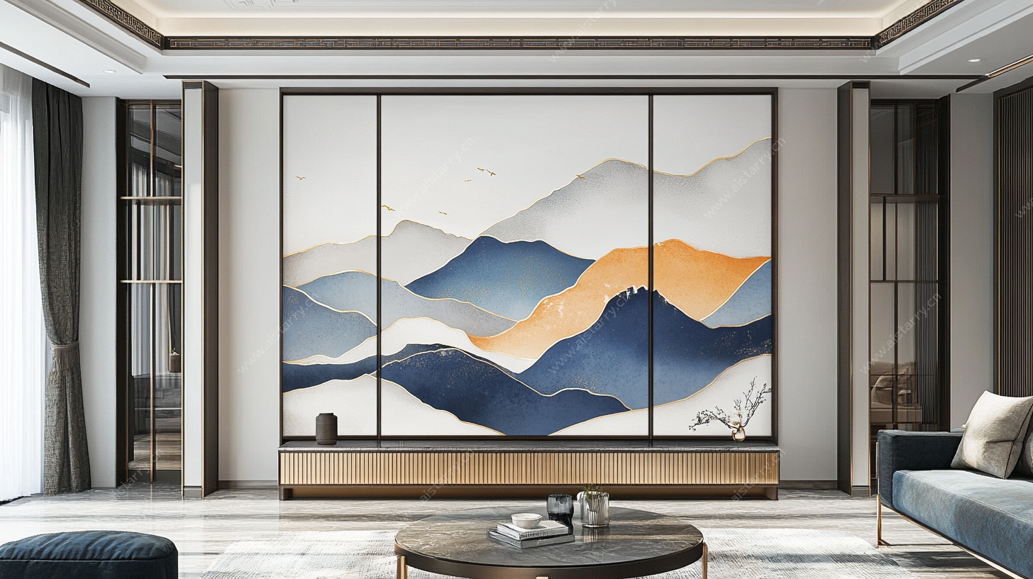 新中式客厅山水背景墙