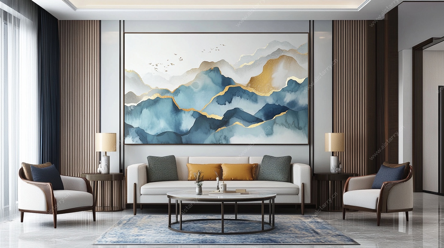 现代客厅山水装饰画场景