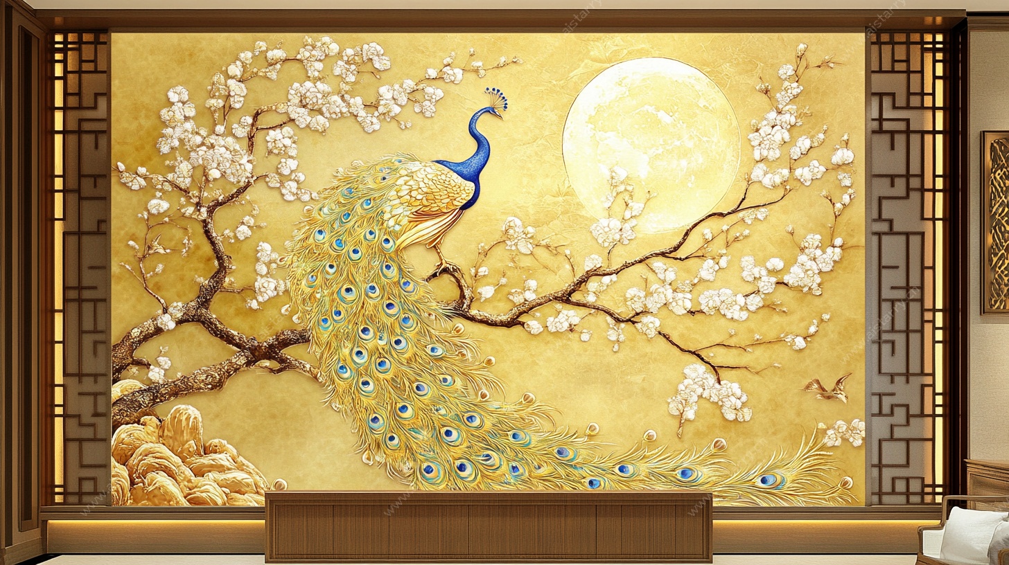 金壁孔雀图中式背景墙