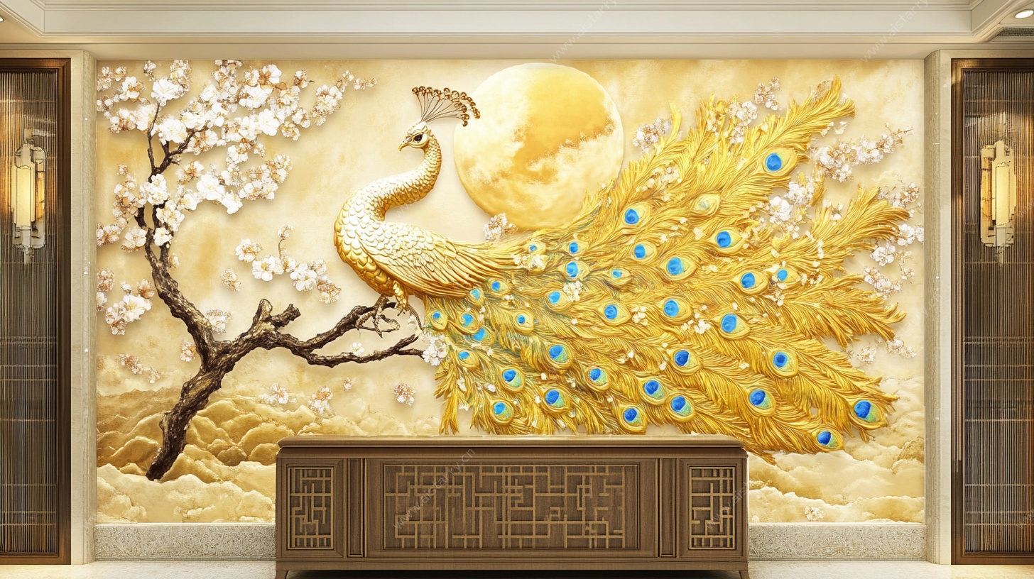 金色孔雀玉石背景墙