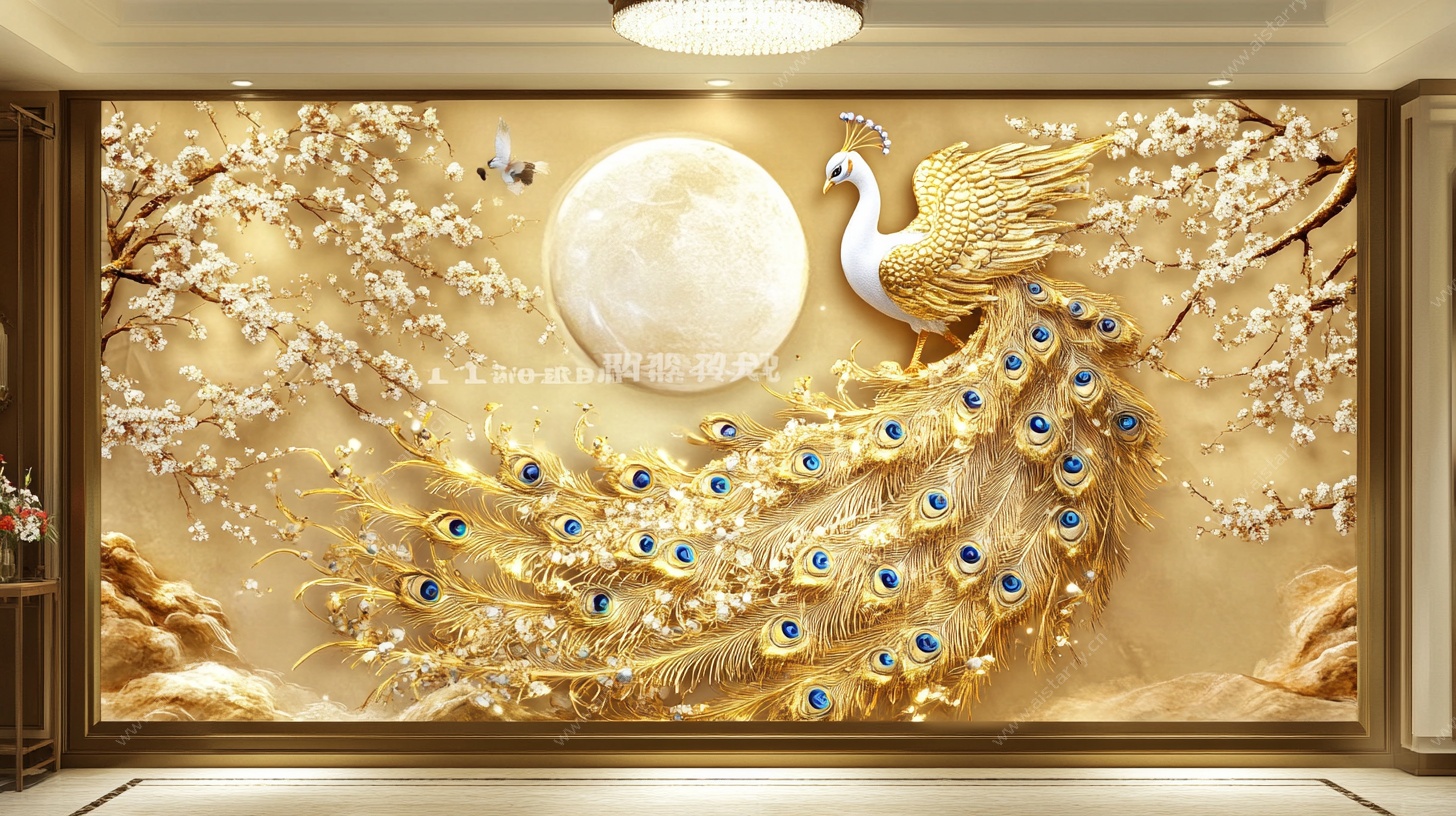 金色孔雀月夜背景墙