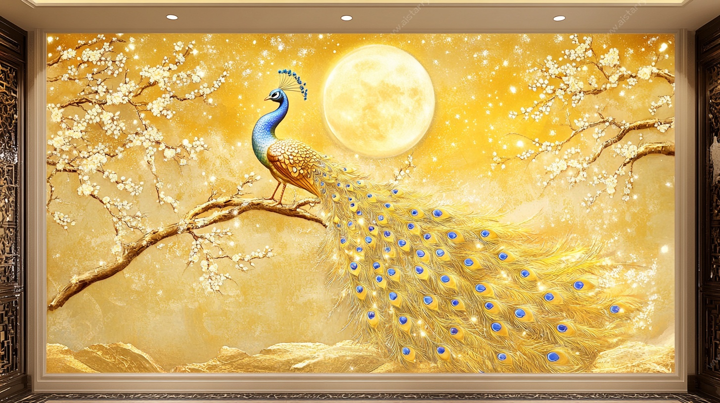 月下孔雀栖繁花壁画