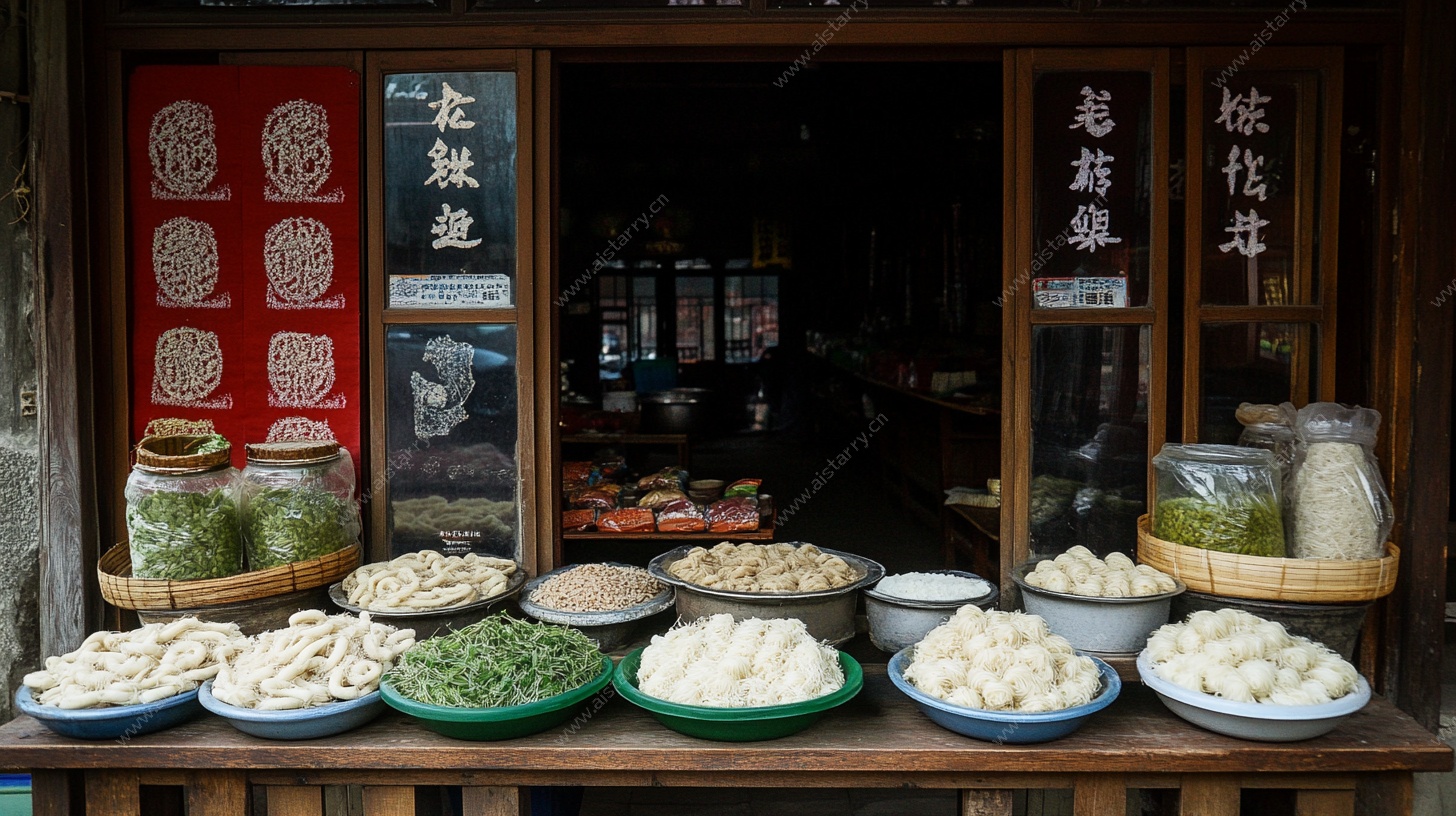 传统小吃摊展示多样美食