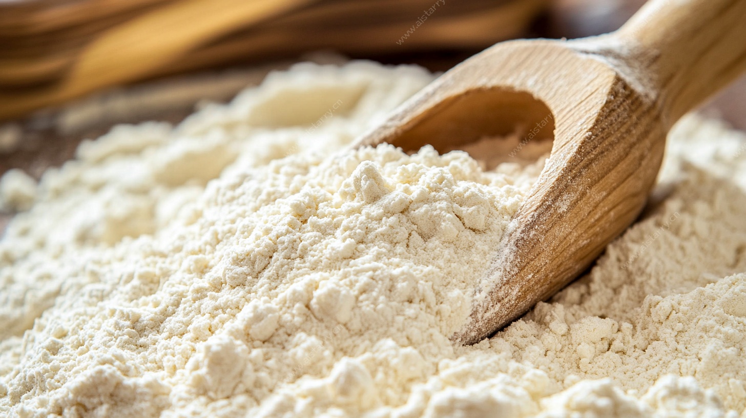 木勺舀取面粉特写