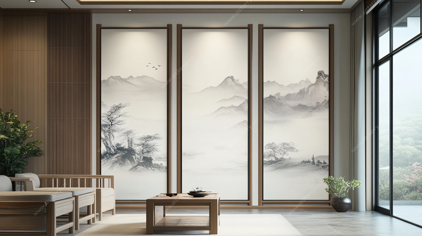 中式山水屏风客厅空间