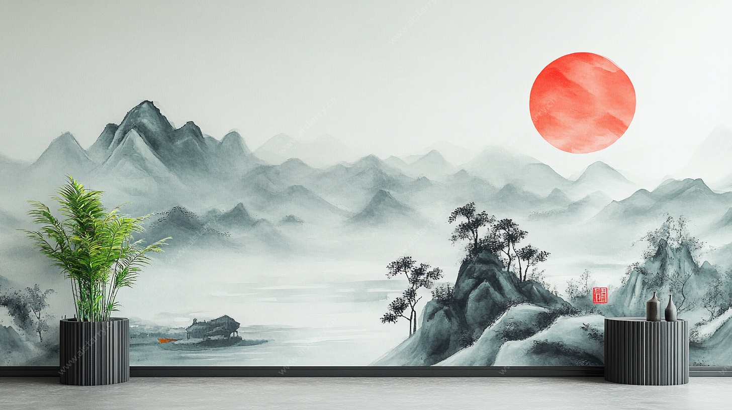 中式山水壁画墙面装饰图