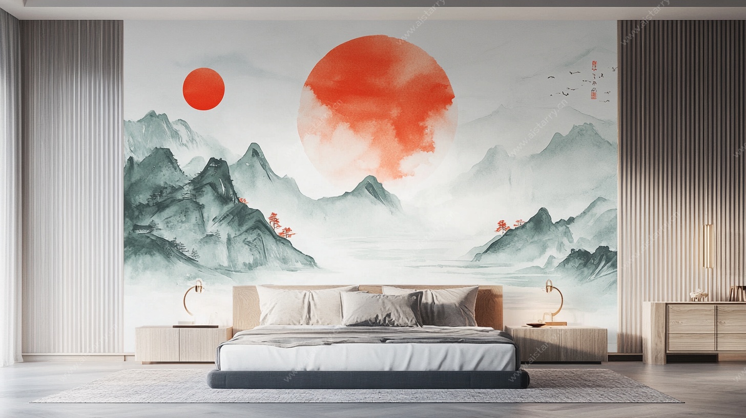 中式山水卧室背景墙