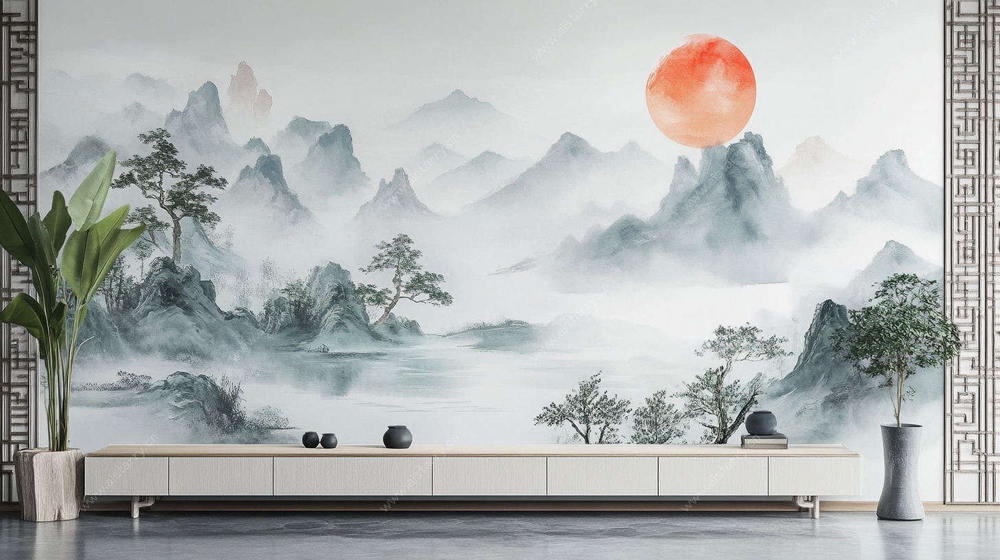 中式山水背景墙意境图