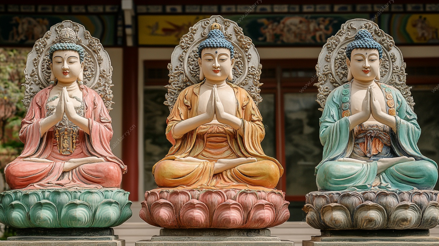三尊彩塑佛像庄严静穆