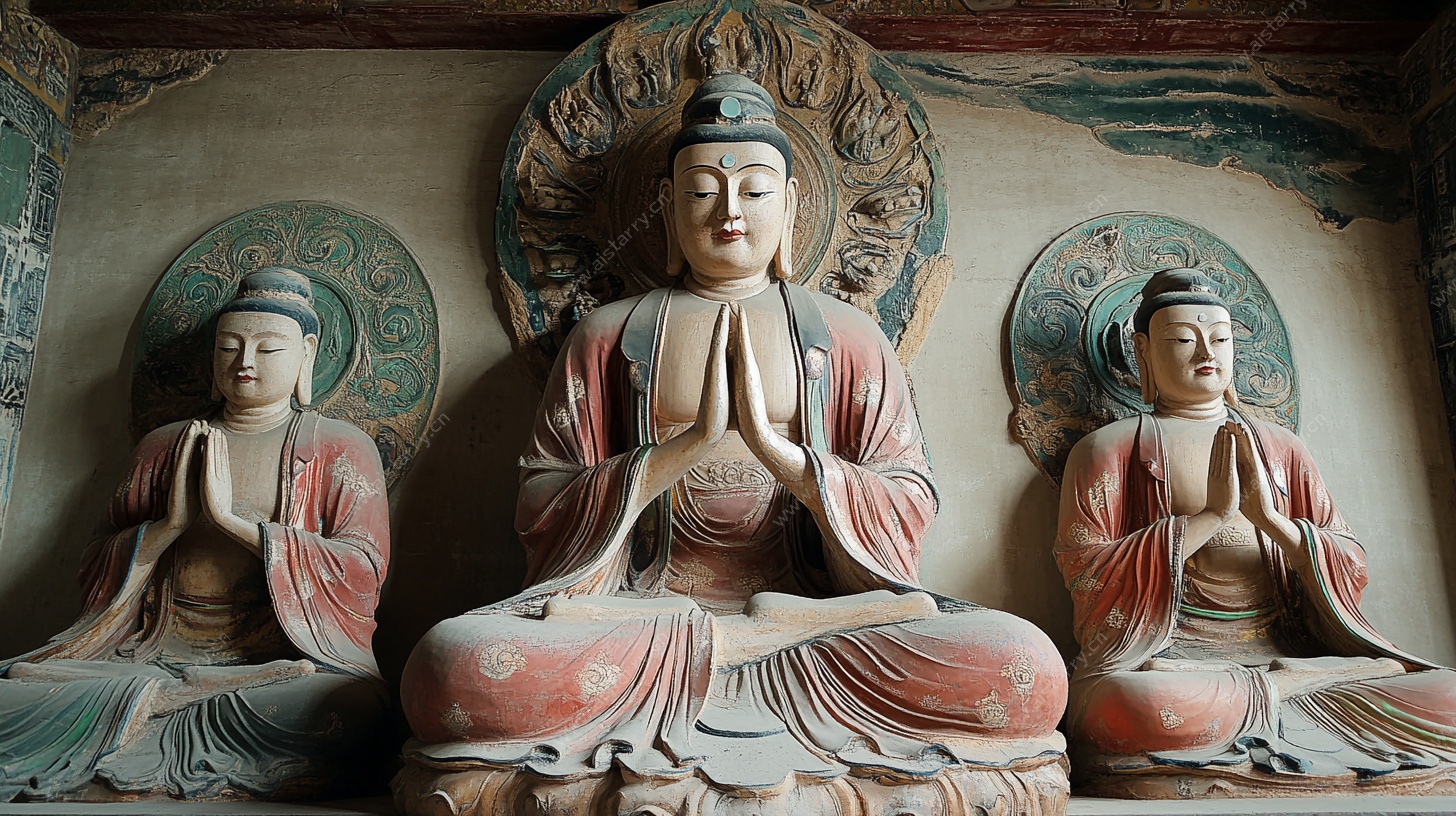 三尊古朴佛像坐于龛中