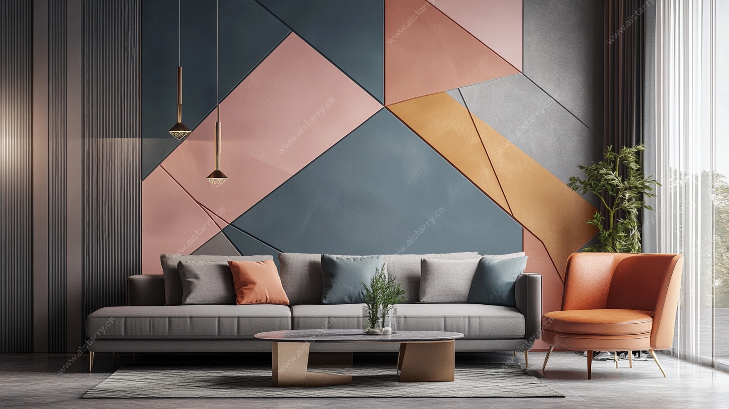 几何图案墙面的现代客厅