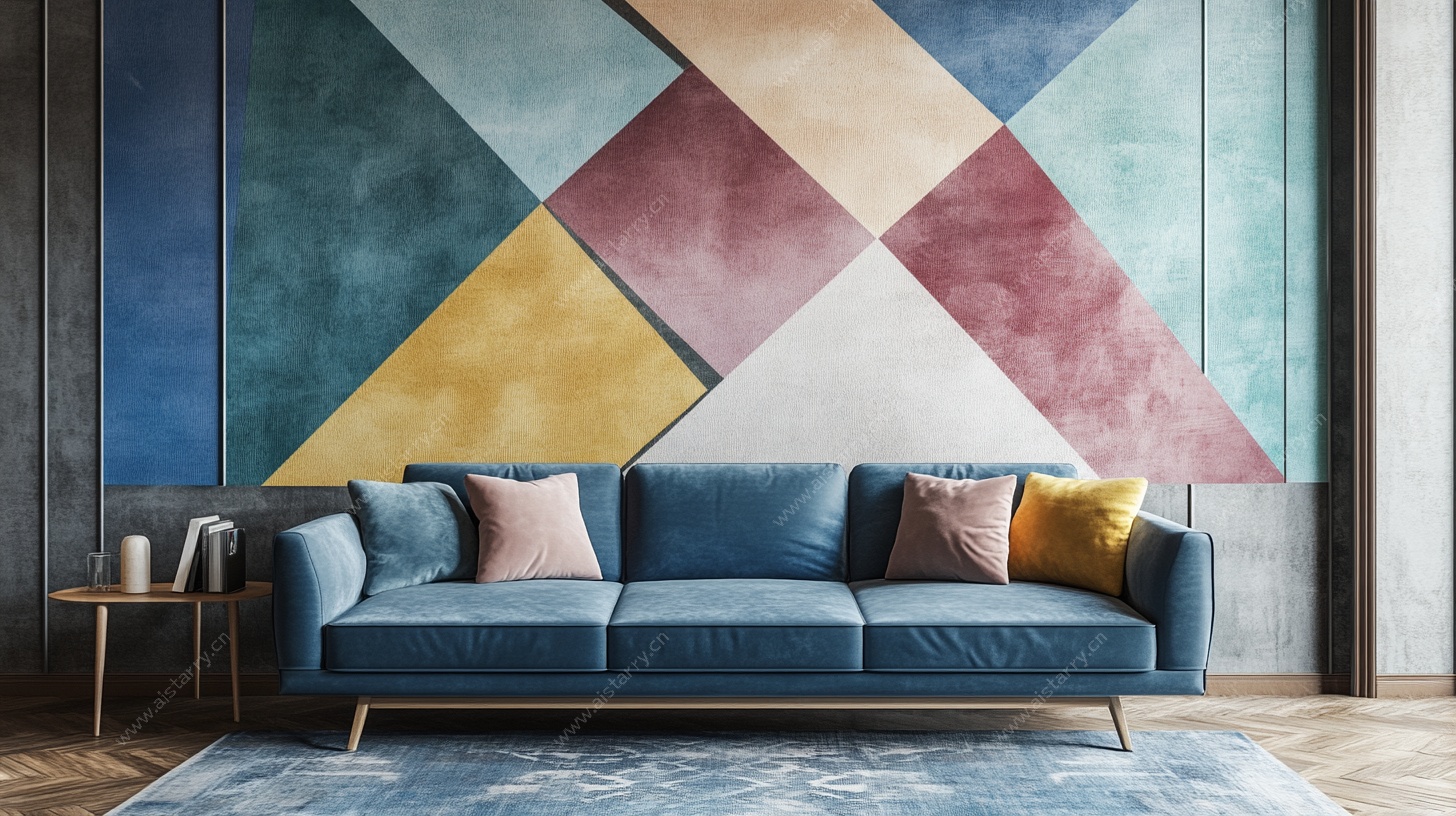 多彩几何图案客厅沙发墙