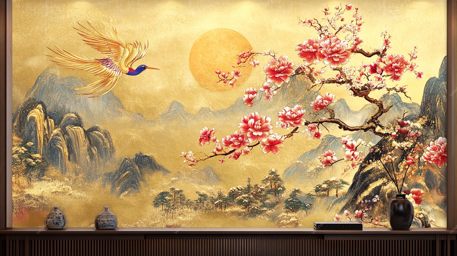 中式花鸟山水壁画背景墙