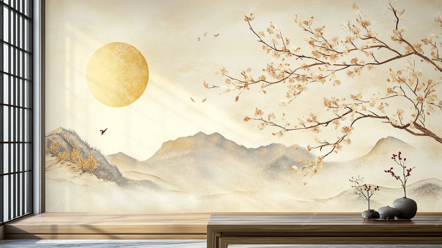 中式山水花鸟墙饰画面