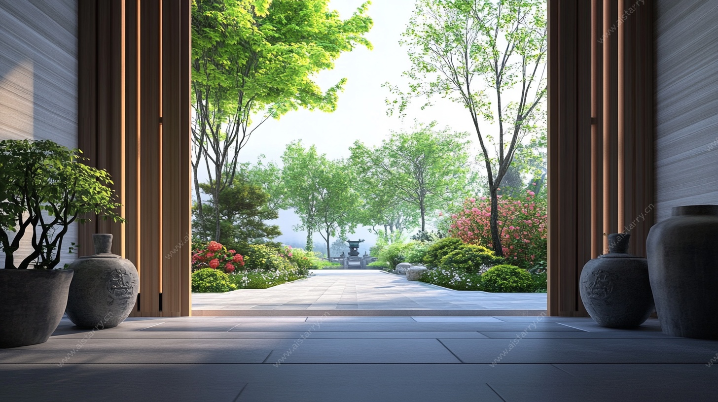 庭院景观透过门框的美好