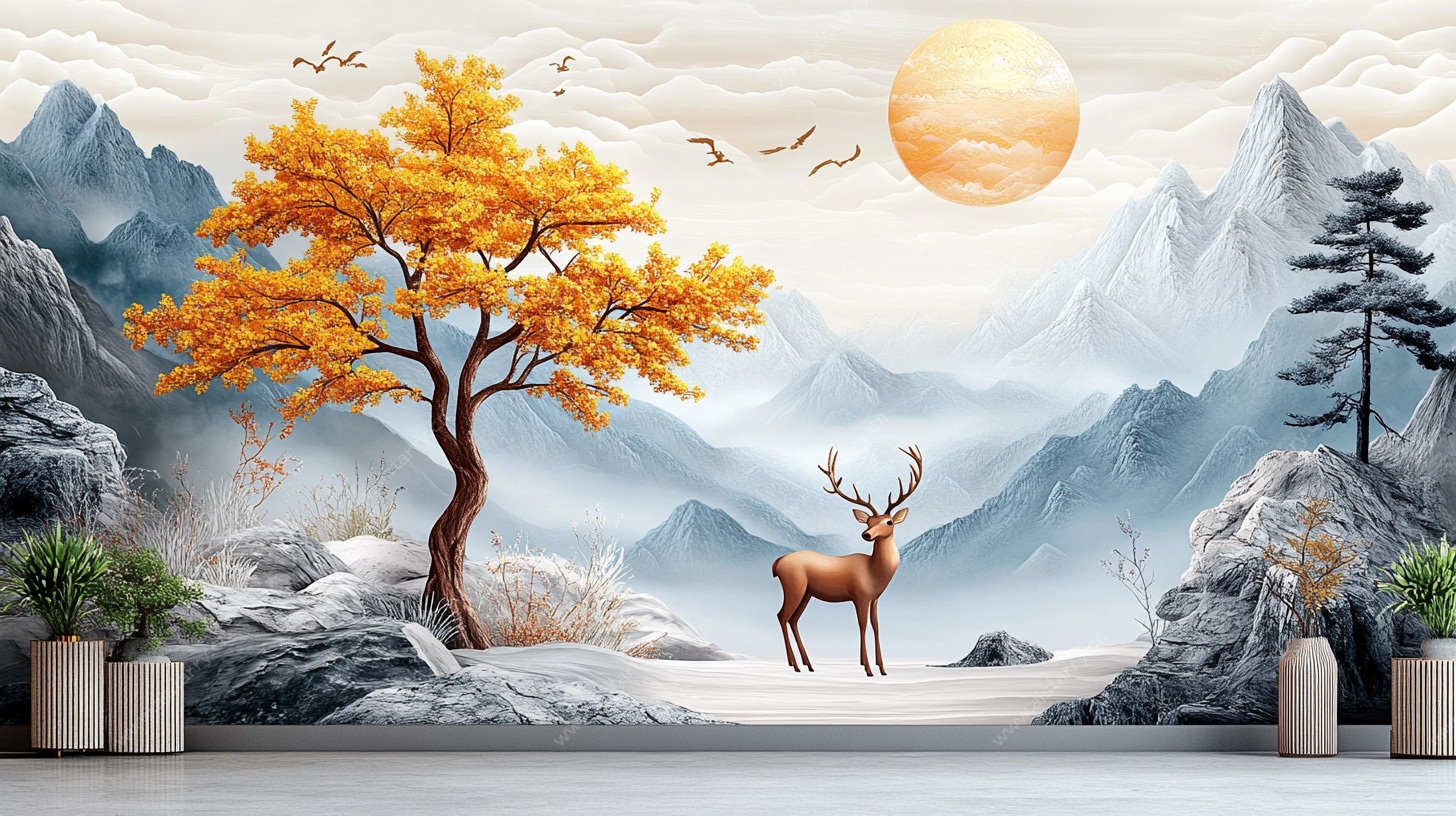 秋日山林鹿景壁画