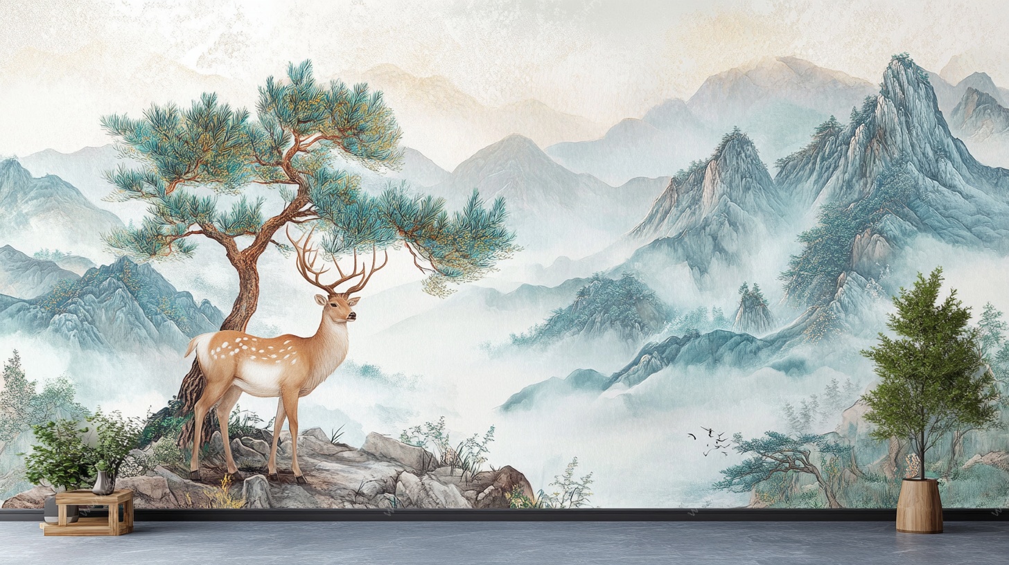 中式山水麋鹿壁画背景墙